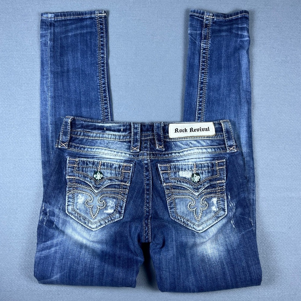 Rock Revival Alivia Ankle Skinny Jeans Womens 26 Blue Distressed Fleur De Lis